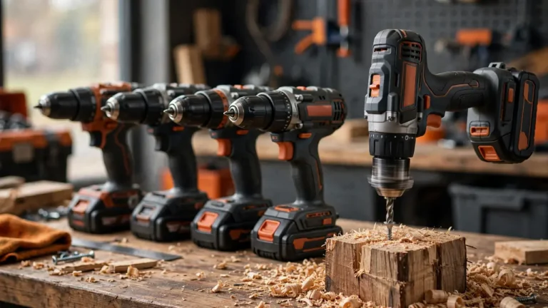 Best cordless drills 2026 — cordless drill-drivers lined up on a workshop bench, one driving a screw into timber