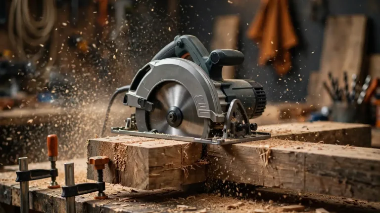 Best circular saws 2026 — circular saw cutting through a thick timber plank on a workbench