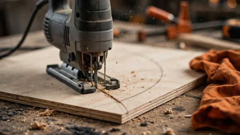 Best jigsaws 2026 — jigsaw cutting a curved line through a sheet of plywood on a workbench