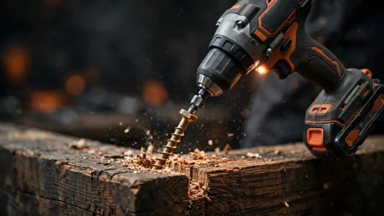Best impact drivers 2026 — impact driver driving a long construction screw into a heavy timber beam