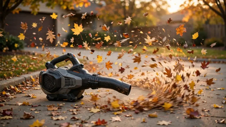 Best leaf blowers 2026 — leaf blower clearing a swirling path through autumn leaves on a driveway