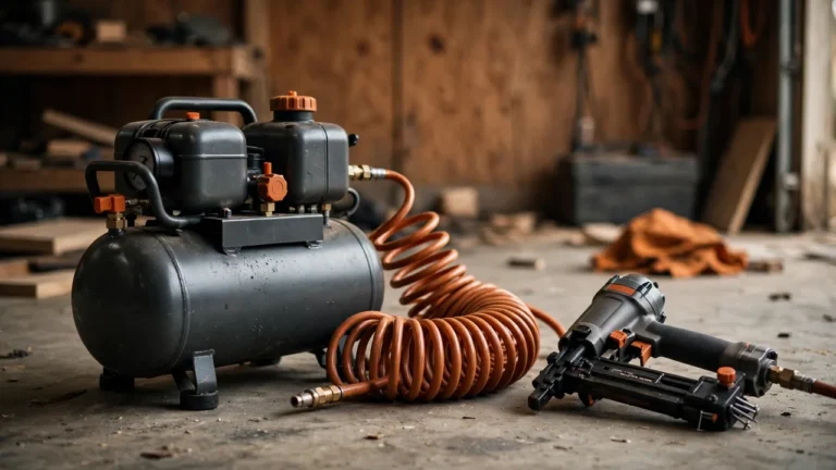 Best air compressors 2026 — workshop air compressor with a coiled air hose and nail gun in a garage