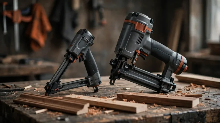 Brad nailer vs finish nailer — a slim brad nailer and a larger finish nailer side by side on a workbench