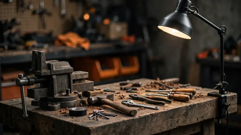 Best workbenches 2026 — sturdy wooden workbench with a bench vice, tools and a task lamp in a garage