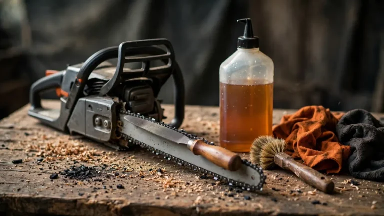 Chainsaw maintenance guide — chainsaw on a workbench with a sharpening file, oil bottle and cleaning brush