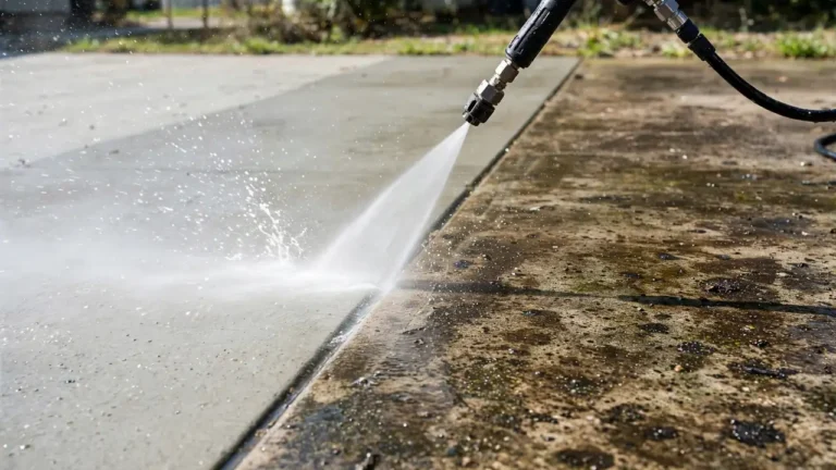 Pressure washer PSI explained — pressure washer lance spraying a clean stripe across a dirty concrete driveway