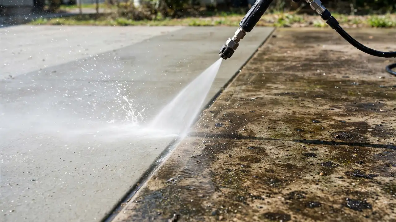 Pressure washer PSI explained — pressure washer lance spraying a clean stripe across a dirty concrete driveway