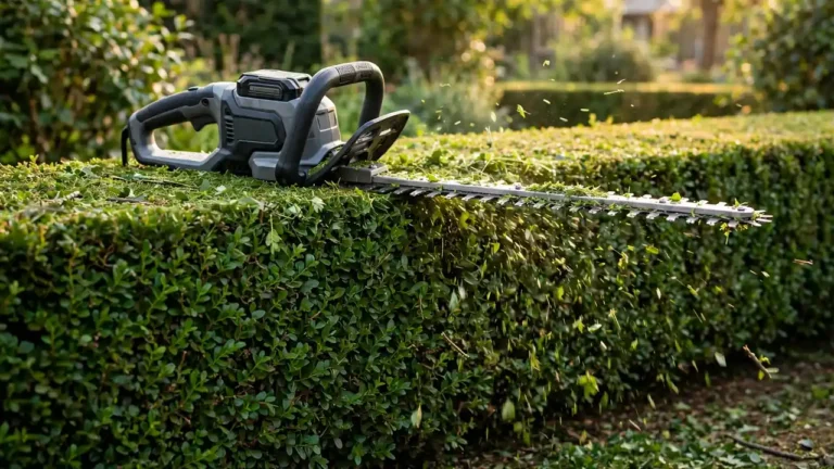 Best hedge trimmers 2026 — hedge trimmer shaping the flat top of a dense green garden hedge
