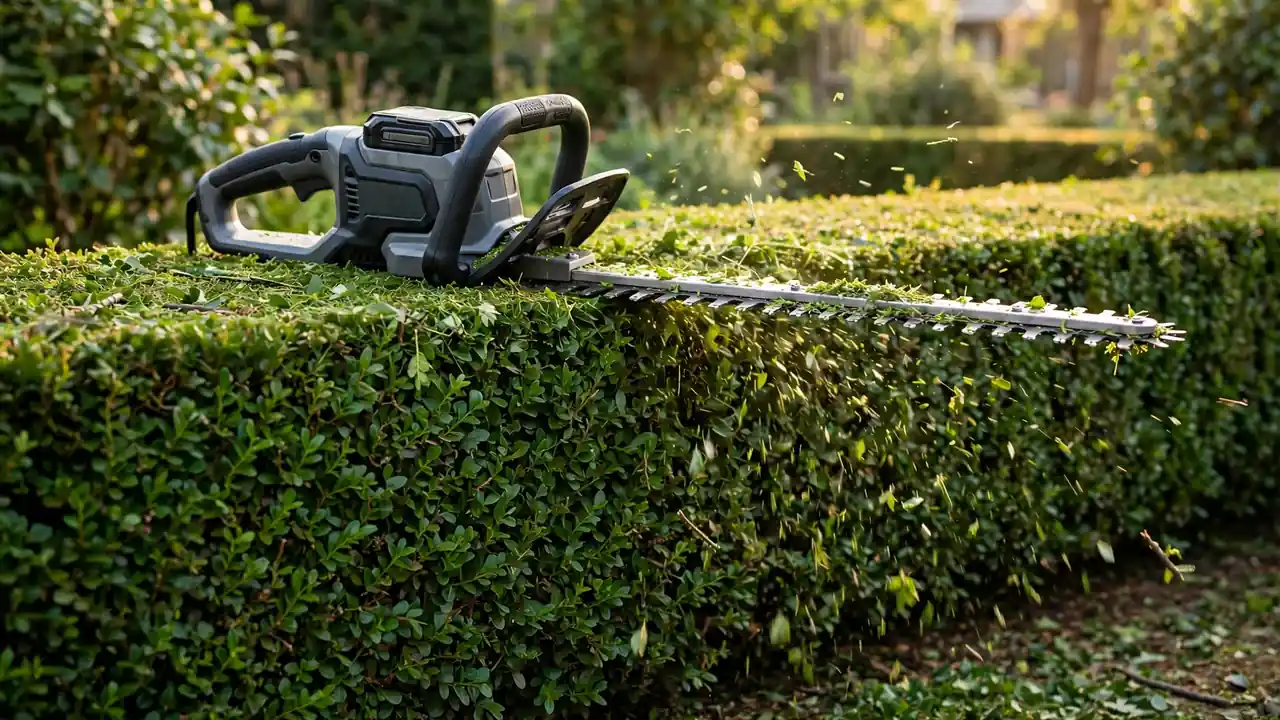 Best hedge trimmers 2026 — hedge trimmer shaping the flat top of a dense green garden hedge