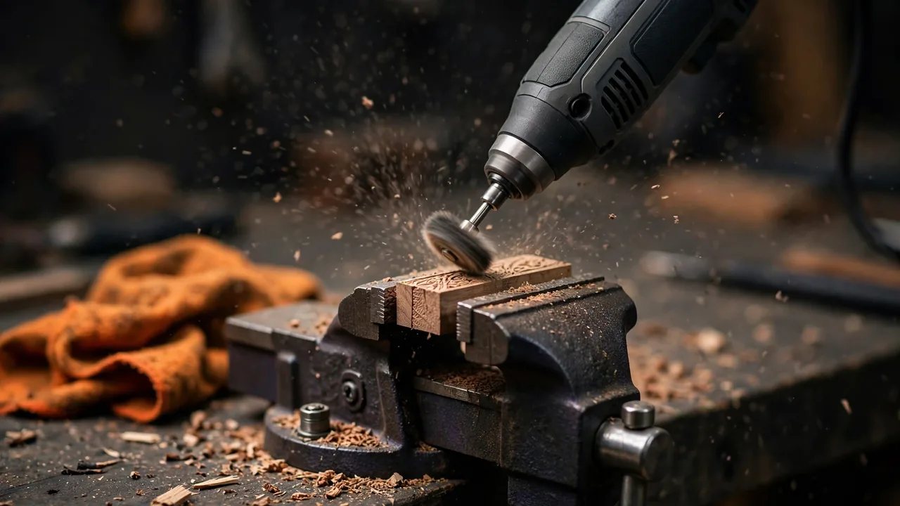 Best rotary tools 2026 — compact rotary tool doing fine detail work on a small wooden workpiece