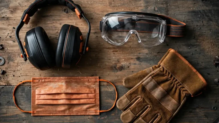 Workshop safety guide 2026 — flat-lay of earmuffs, safety goggles, work gloves and a dust mask on a workbench